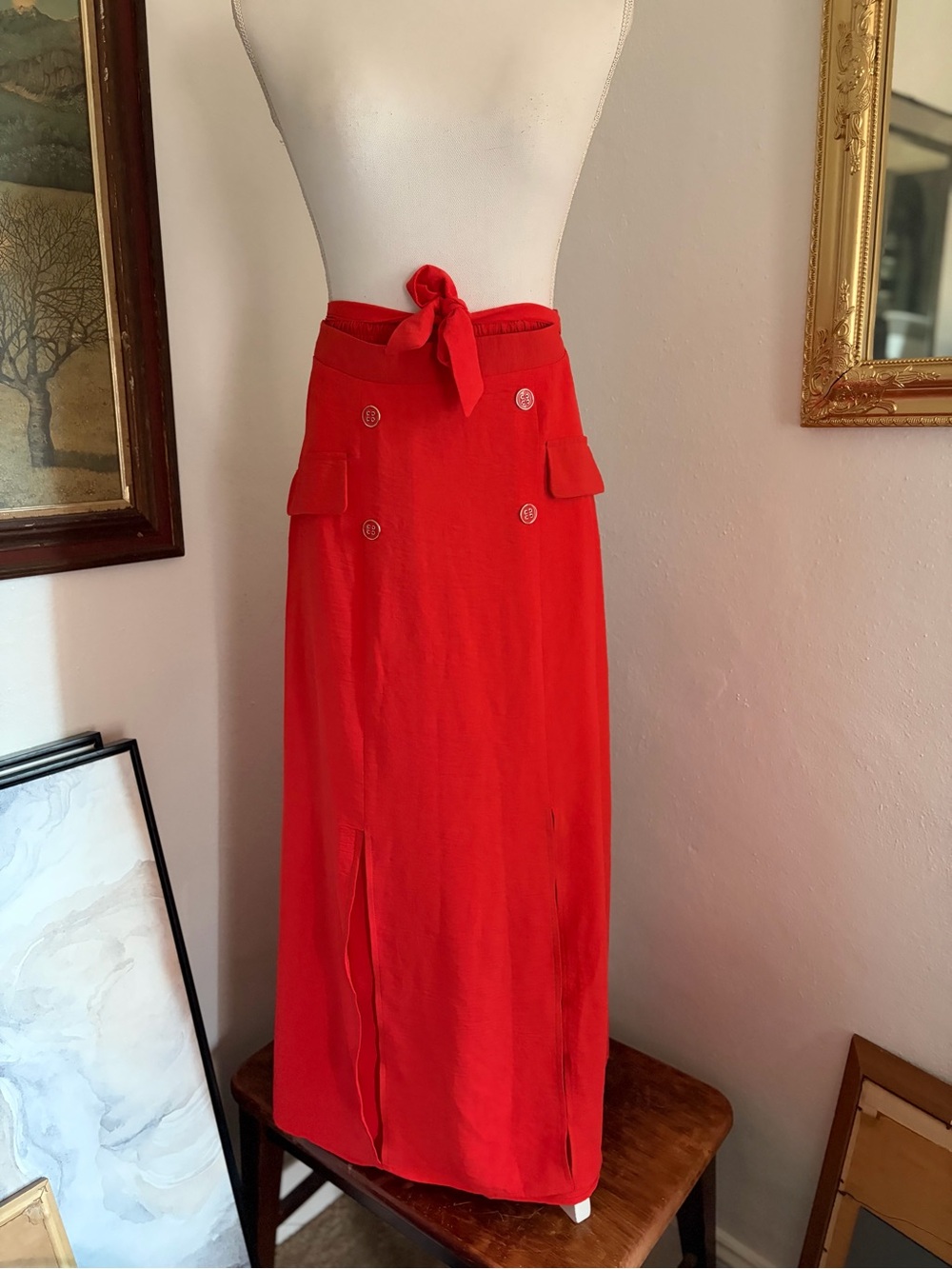 Women’s Orange Tie-Waist Midi Skirt with Front Slits